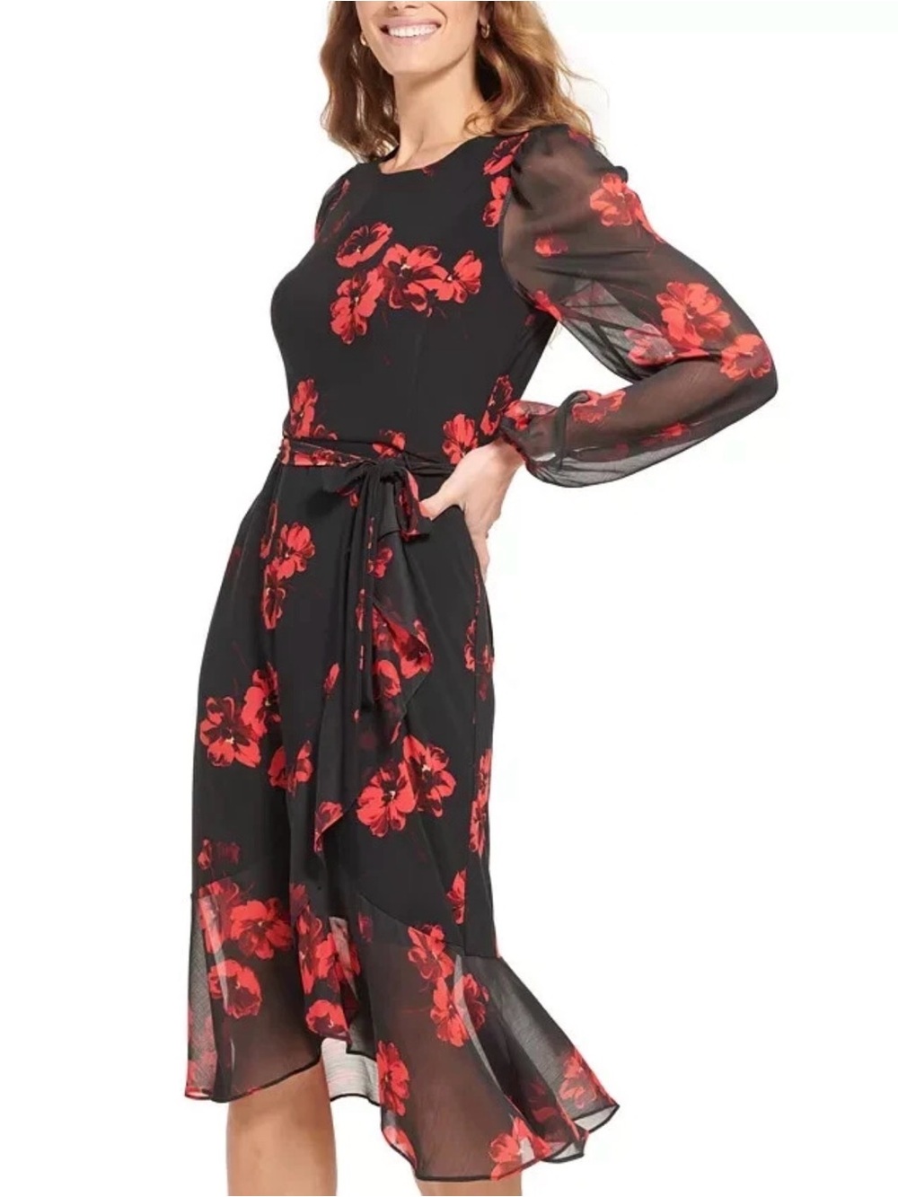 Tommy Hilfiger Romantic WhimsyGoth Ruffle Floral Long Sleeve Midi Coquette Dress